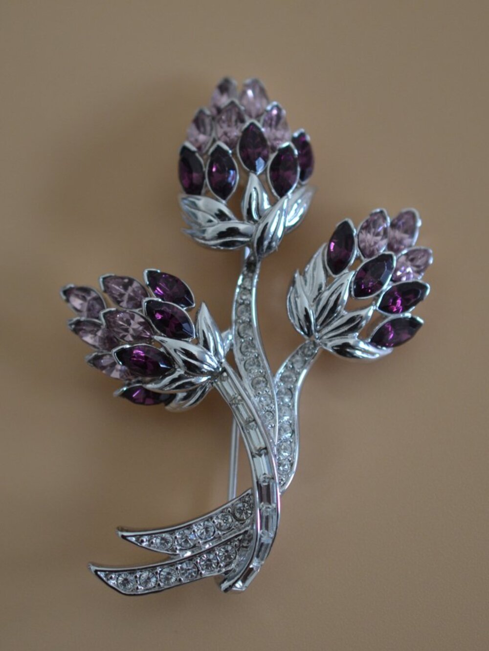 Vintage Nolan Miller Thistle Brooch Purple Lavender Rhinestones Silver Tone 3"